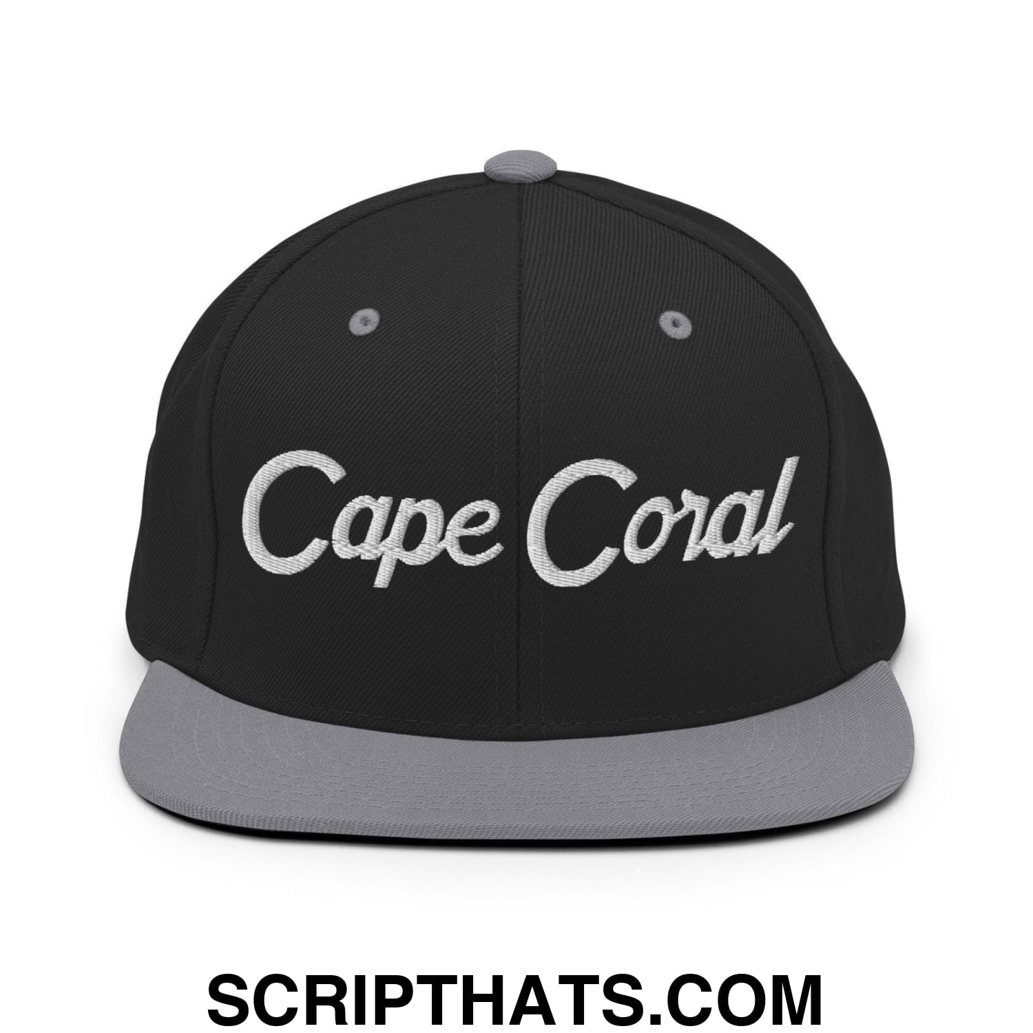 Cape Coral Script Snapback Hat Black Silver