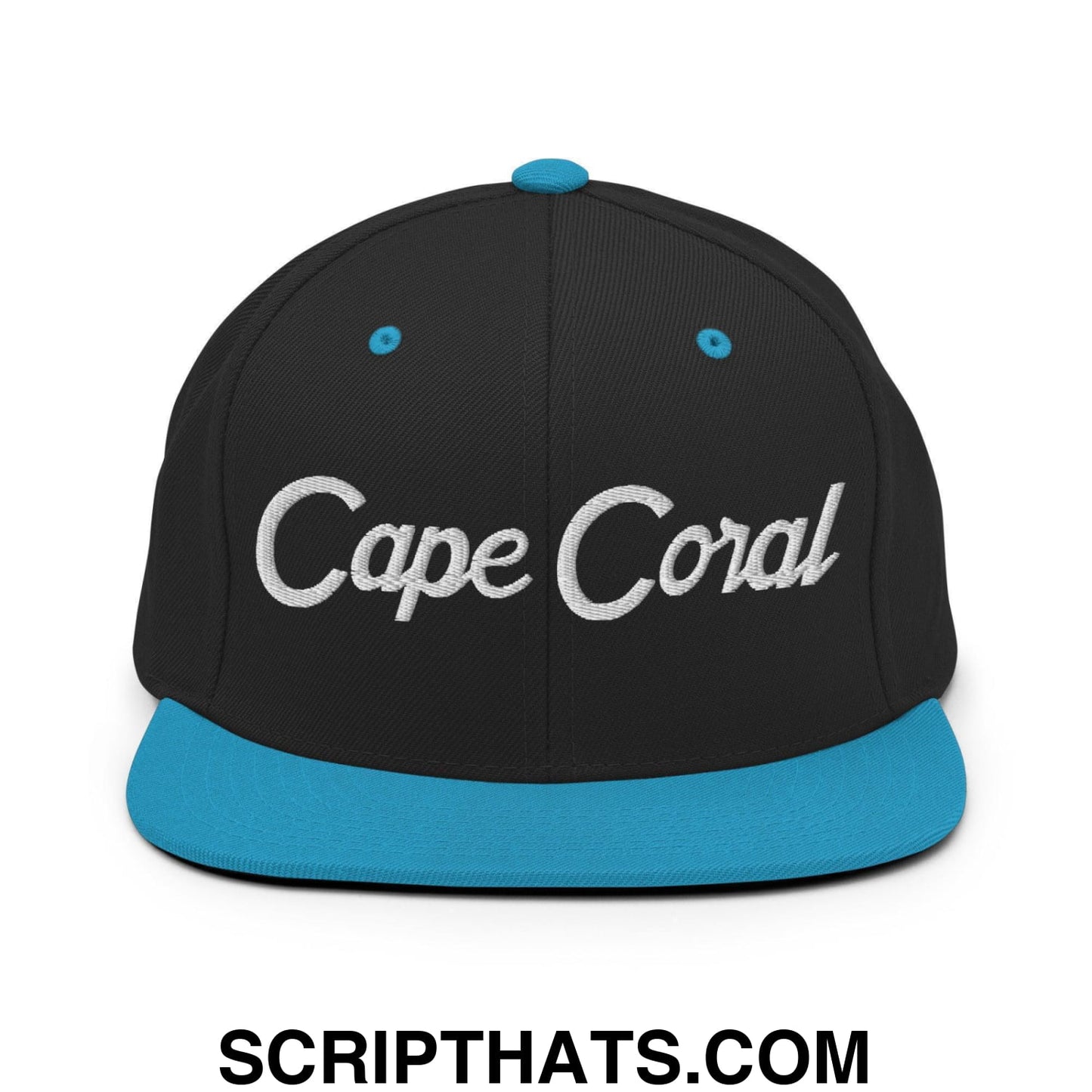 Cape Coral Script Snapback Hat Black Teal