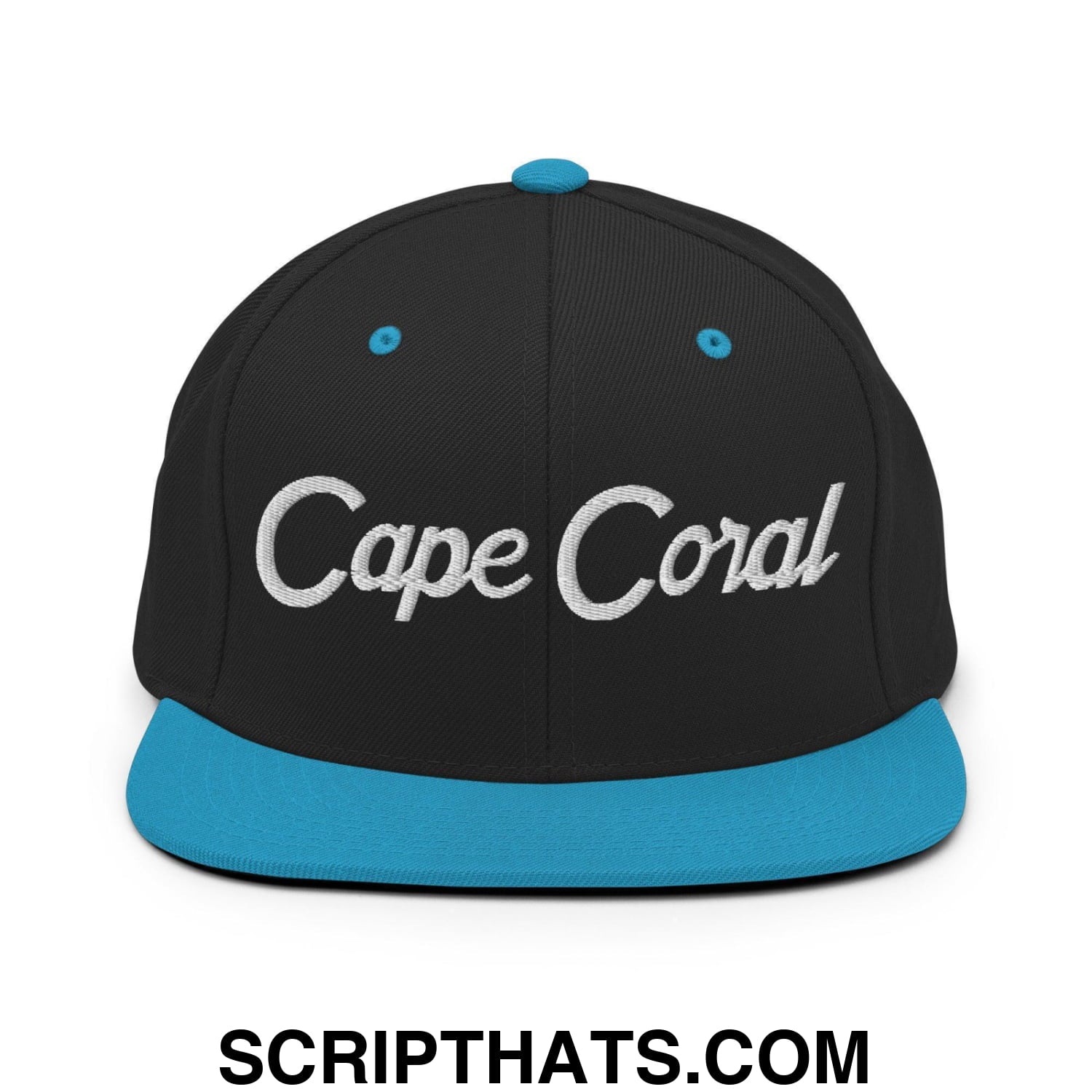 Cape Coral Script Snapback Hat Black Teal