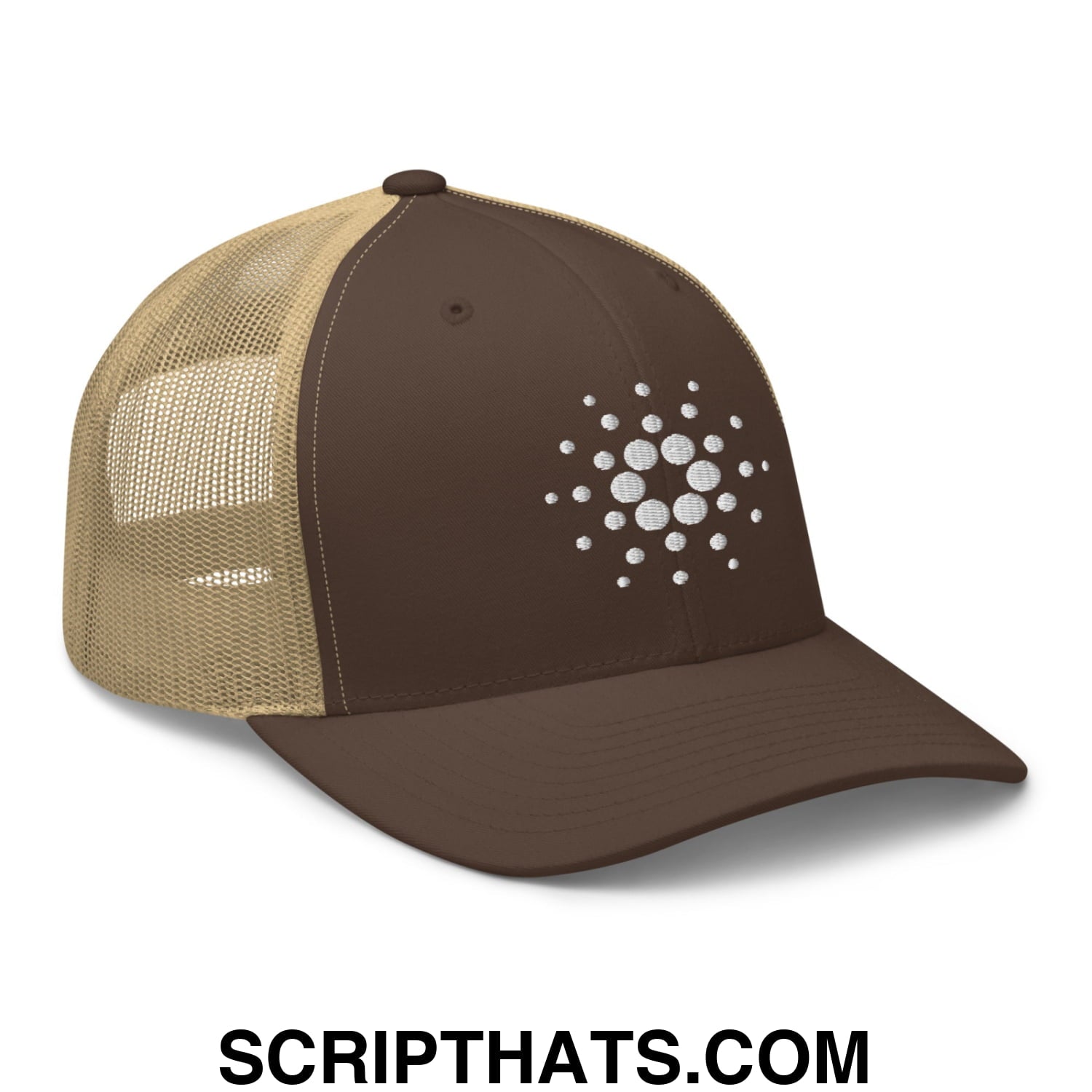 Cardano ADA Crypto Currency Embroidered Mesh Trucker Hat Brown Khaki