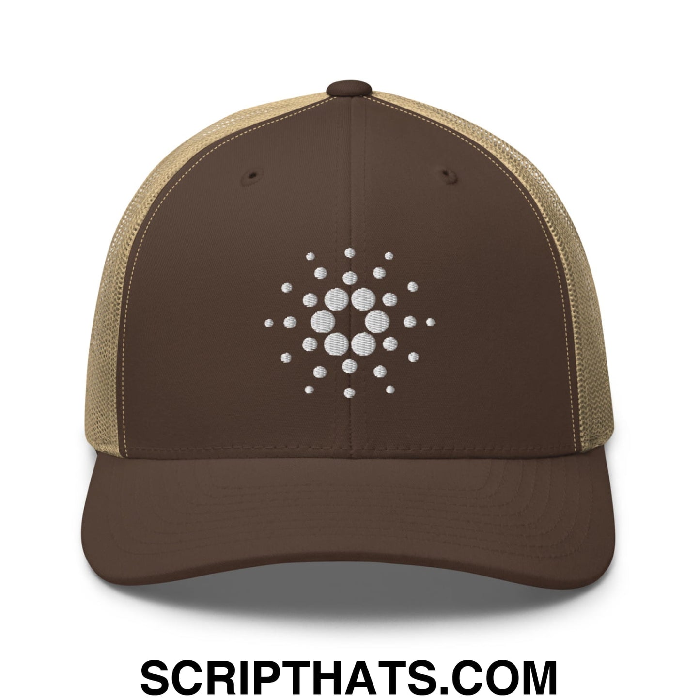Cardano ADA Crypto Currency Embroidered Mesh Trucker Hat Brown Khaki