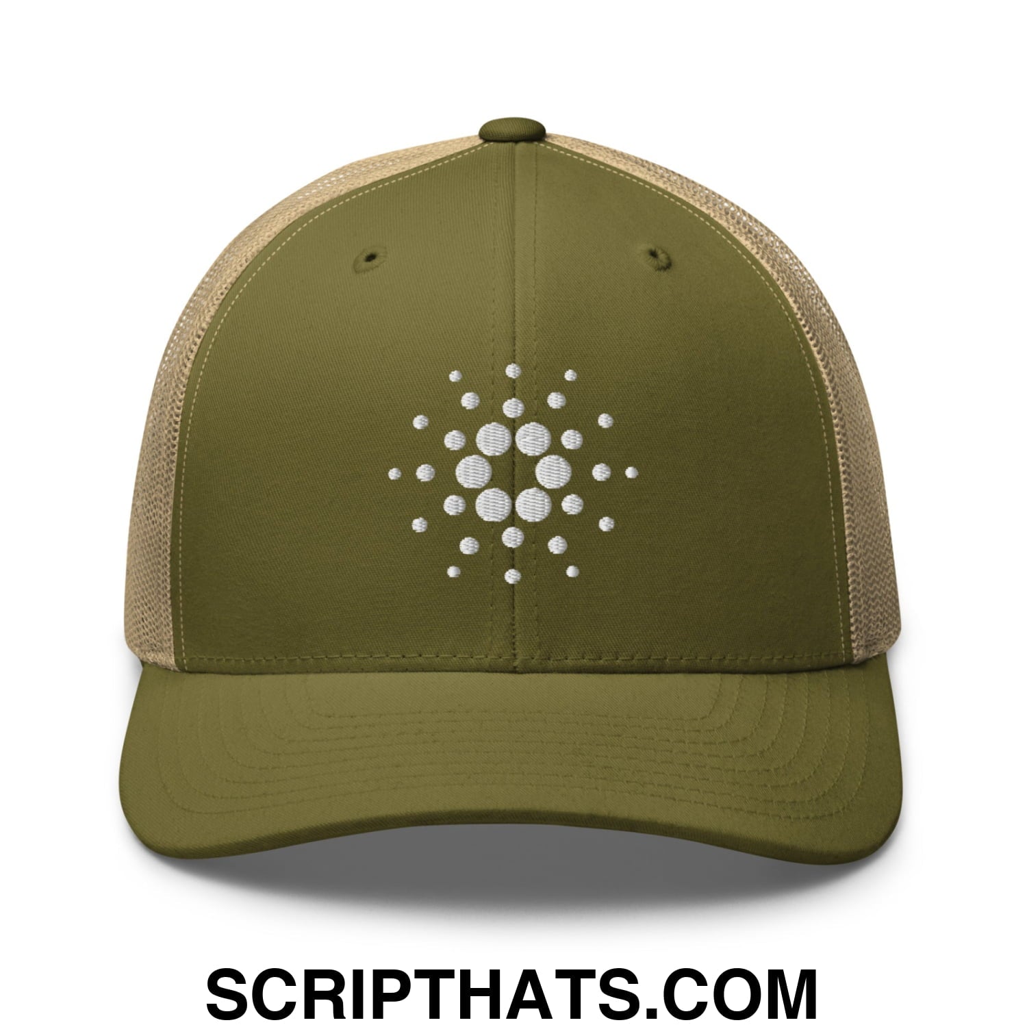 Cardano ADA Crypto Currency Embroidered Mesh Trucker Hat Moss Khaki