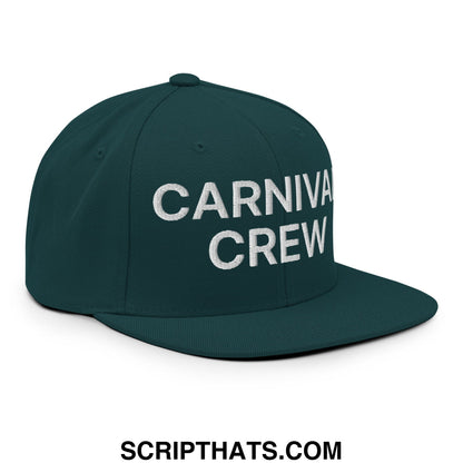 Dark green snapback cap with white embroidered carnival crew text and flat bill brim for casual wear