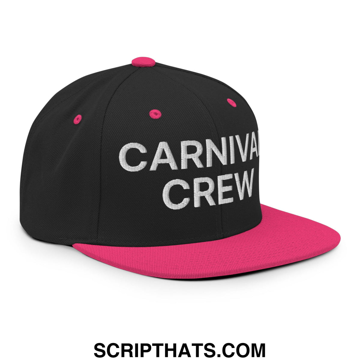 Black and pink snapback cap with carnival crew embroidered in white on flat bill brim for casual wear