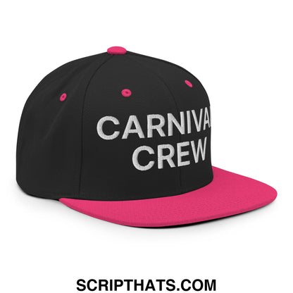 Black and pink snapback cap with carnival crew embroidered in white on flat bill brim for casual wear
