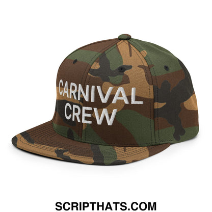 A camouflage snapback hat with white carnival crew embroidery and a flat bill brim for casual wear