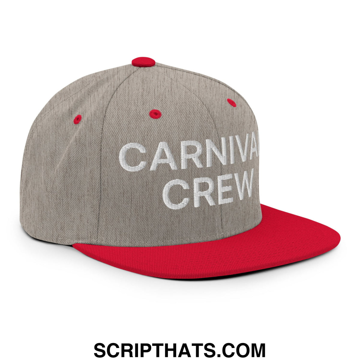 Gray and red snapback cap with carnival crew embroidered in white on front flat bill brim for casual wear