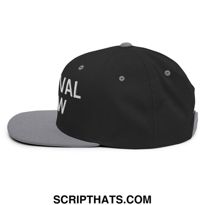 Black snapback hat with gray flat bill brim and white embroidered carnival crew carny work text
