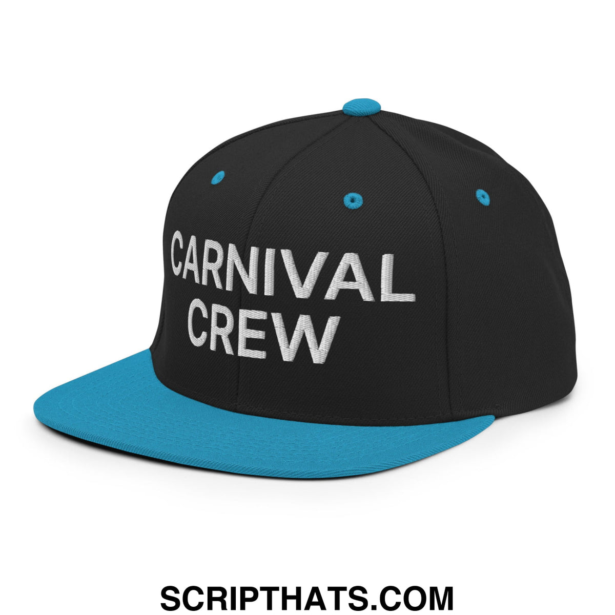 Black snapback hat with teal flat bill and button featuring carnival crew embroidered in white letters