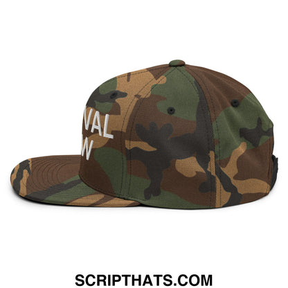 Camouflage snapback hat with white embroidered carnival crew carny work lettering and flat bill brim
