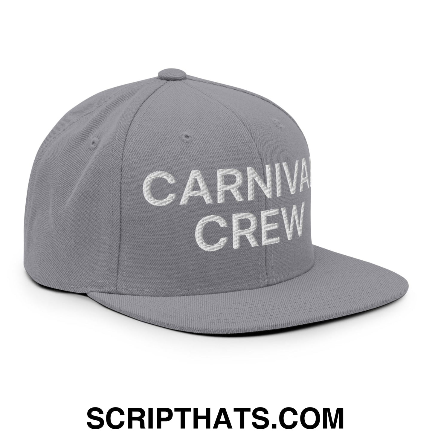 Carnival Crew Carny Work Embroidered Flat Bill Brim Snapback Hat Silver