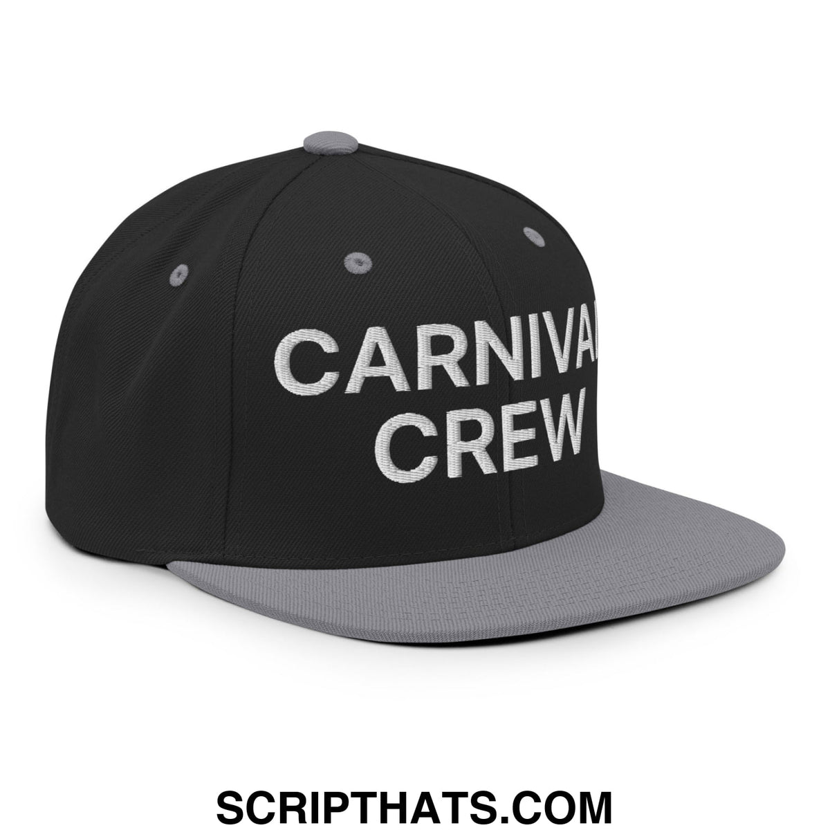 Black and gray snapback hat with carnival crew embroidered in white on flat bill brim for casual carnival wear