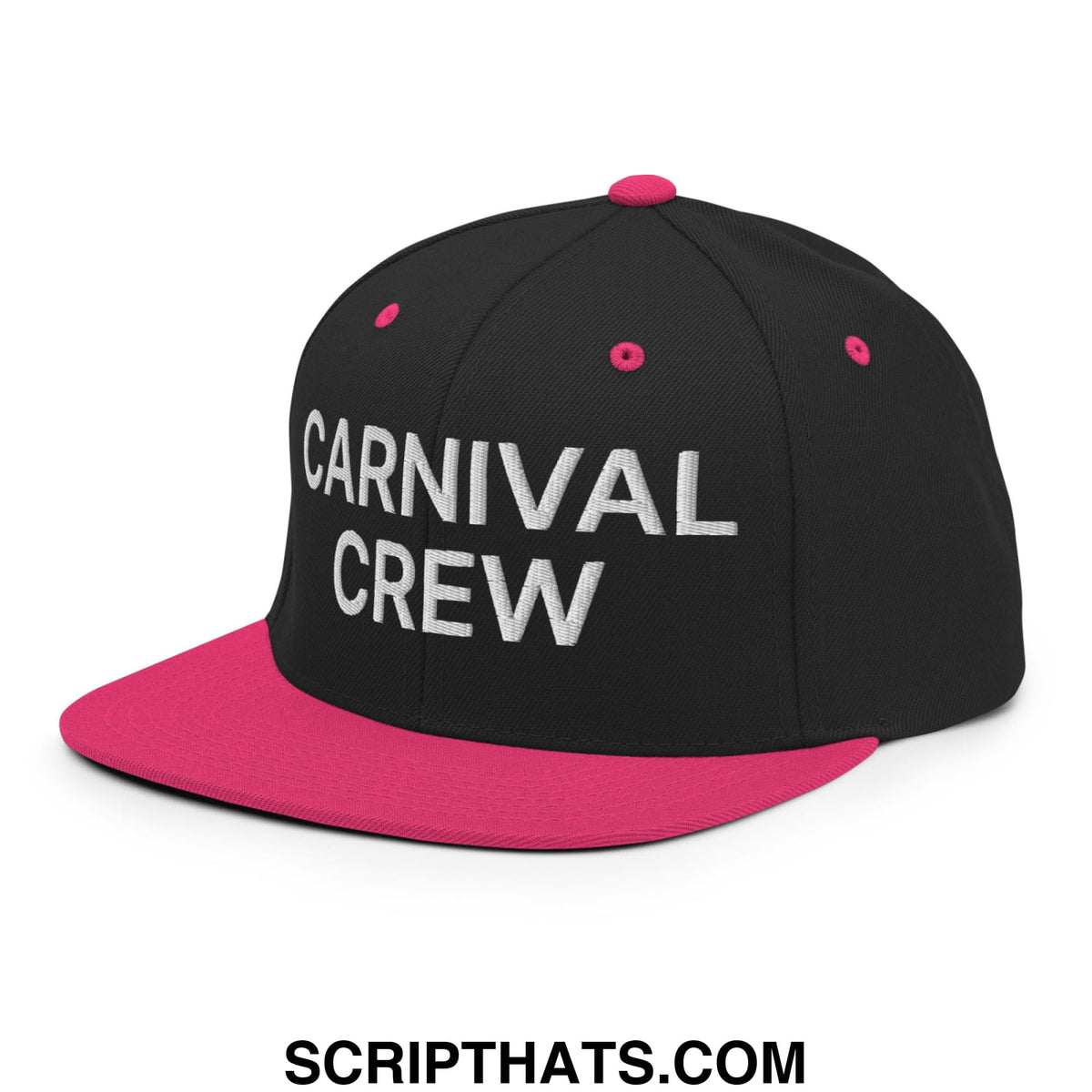 Black and pink snapback cap with carnival crew embroidered in white featuring a flat bill brim for casual wear