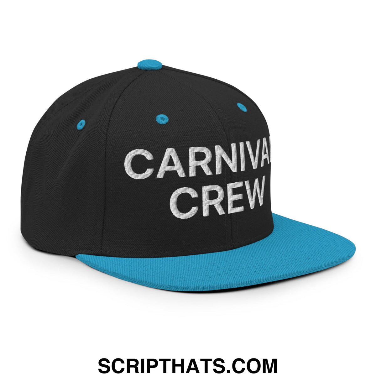 Black snapback hat with teal flat bill and button featuring carnival crew embroidered in white lettering