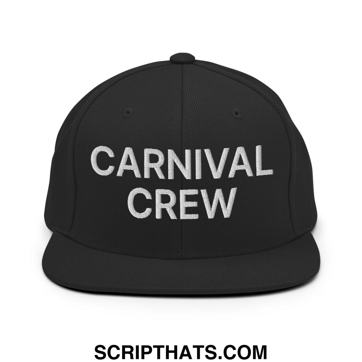Black snapback cap with white embroidered carnival crew text and flat bill brim for casual carnival work use
