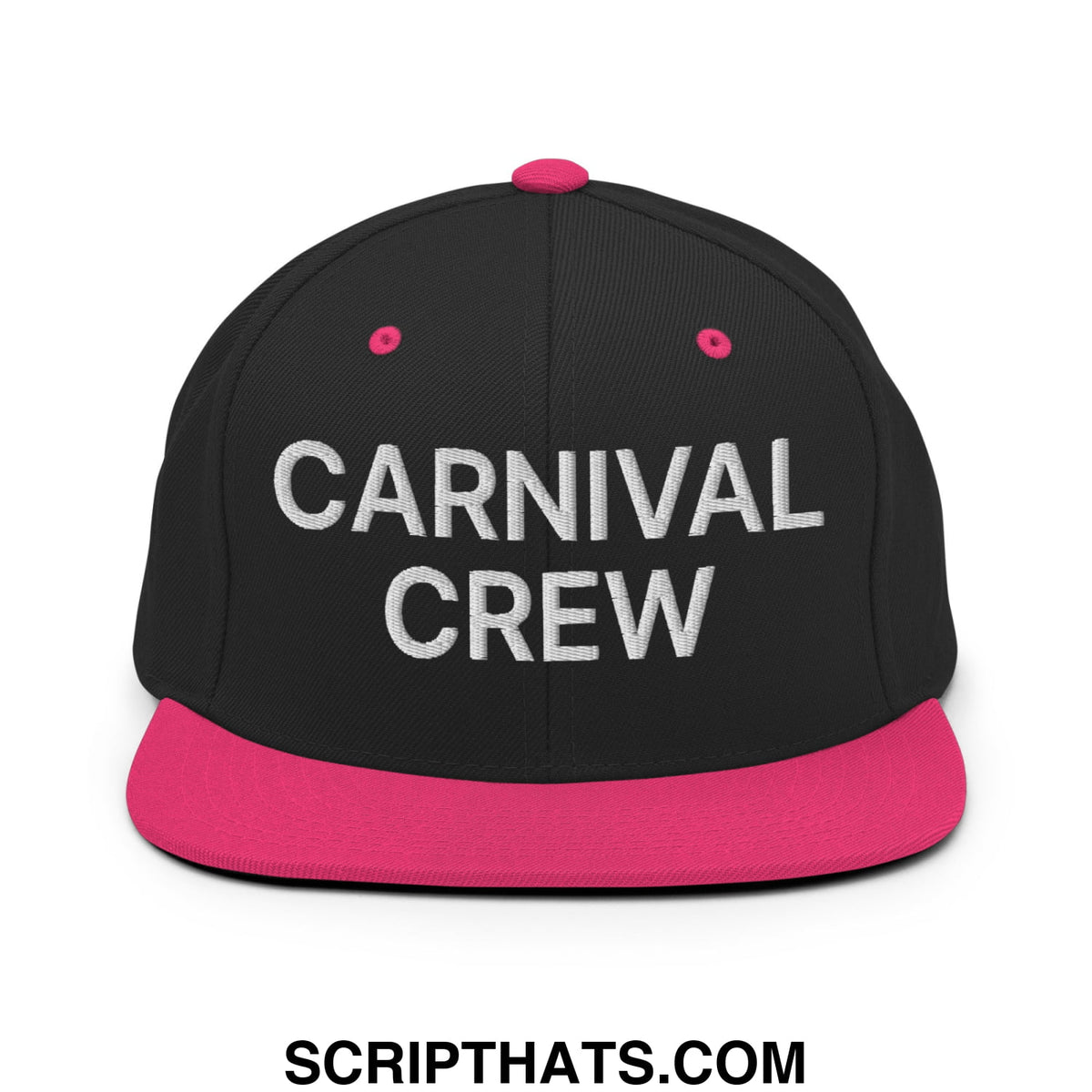 Black snapback cap with pink brim and button featuring carnival crew embroidered in silver thread flat bill design