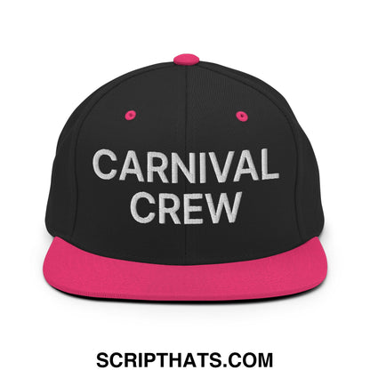 Black snapback cap with pink brim and button featuring carnival crew embroidered in silver thread flat bill design