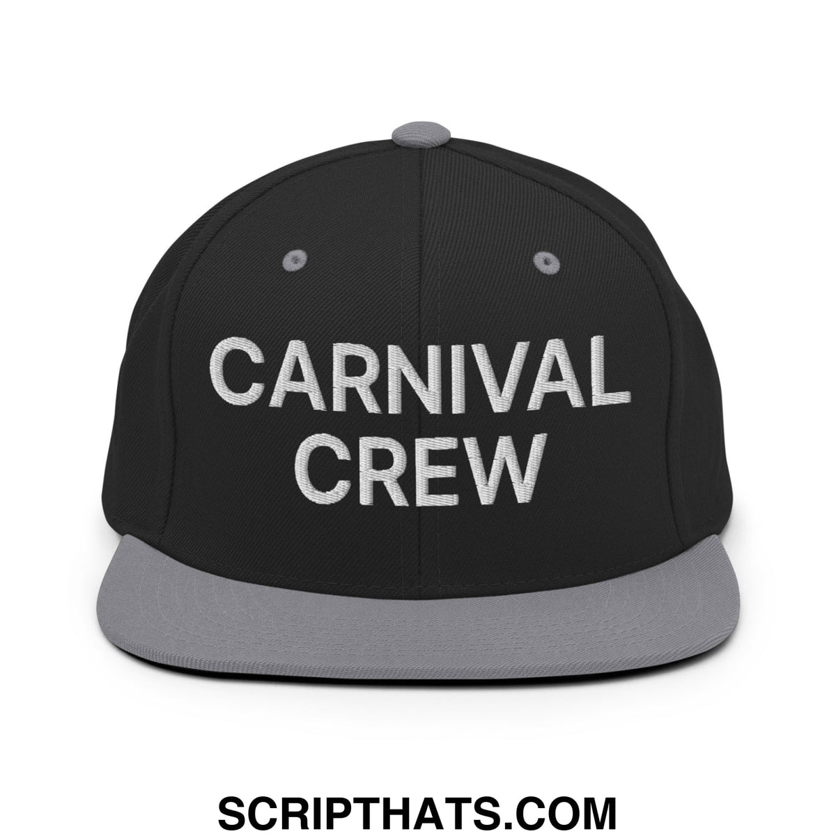 Black snapback hat with gray flat brim and carnival crew embroidered in white for casual carnival wear