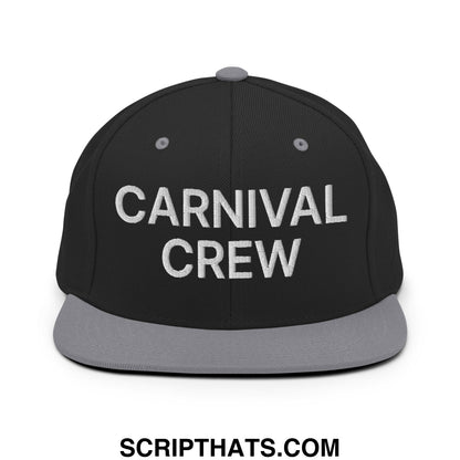 Black snapback hat with gray flat brim and carnival crew embroidered in white for casual carnival wear