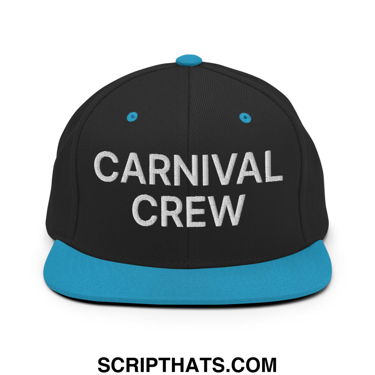 Black snapback cap with teal brim and button featuring white embroidered carnival crew on front flat bill design