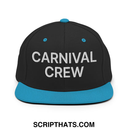 Black snapback cap with teal brim and button featuring white embroidered carnival crew on front flat bill design