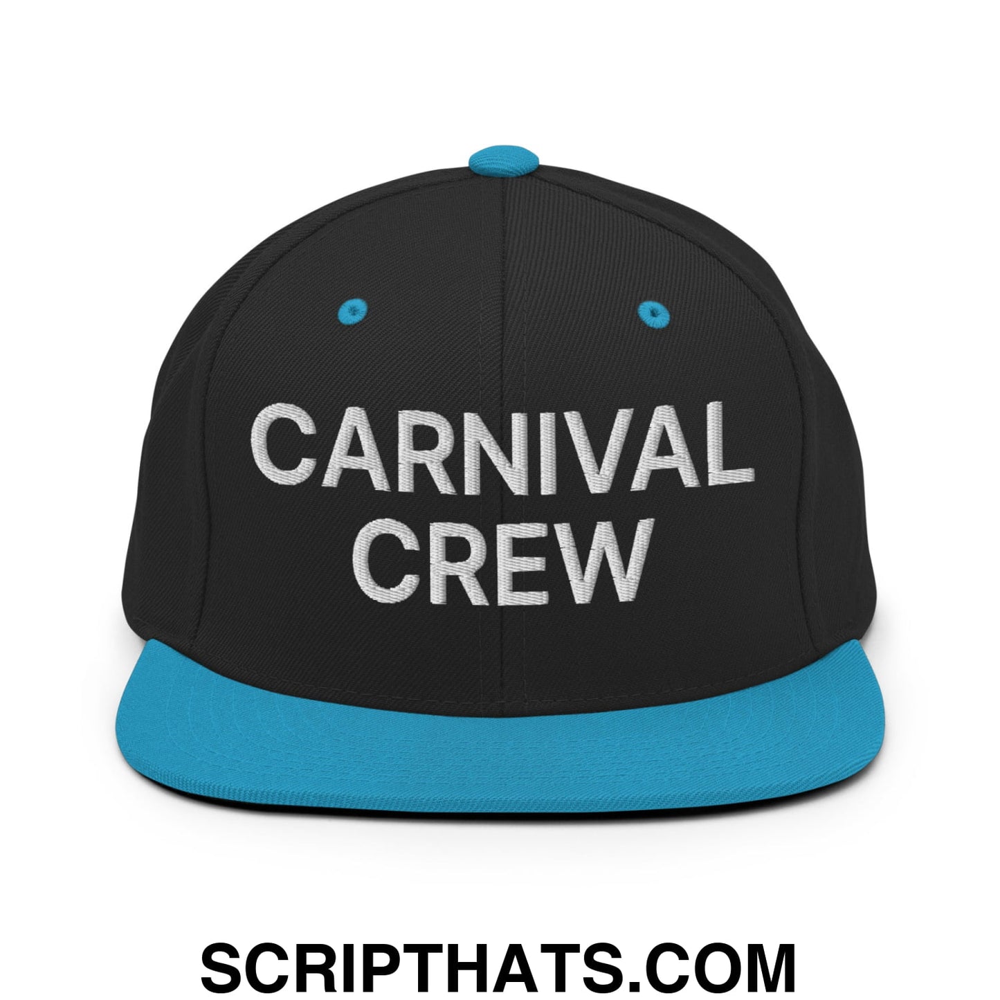 Carnival Crew Carny Work Embroidered Flat Bill Brim Snapback Hat Black Teal