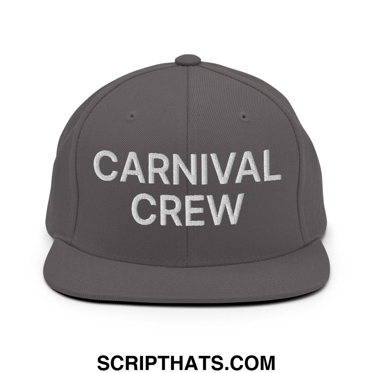 Gray snapback hat with white embroidered carnival crew text and flat bill brim for casual streetwear use