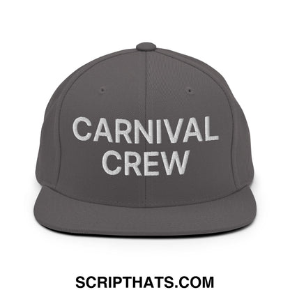 Gray snapback hat with white embroidered carnival crew text and flat bill brim for casual streetwear use