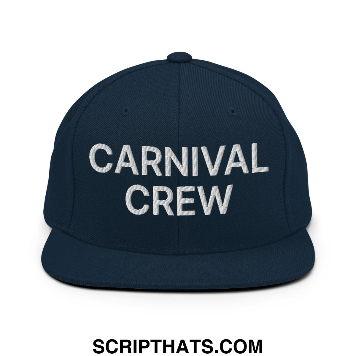 Navy blue snapback hat with white embroidered carnival crew text and flat bill brim for casual wear