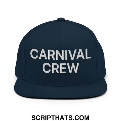 Navy blue snapback hat with white embroidered carnival crew text and flat bill brim for casual wear