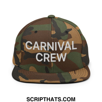 Carnival Crew carny work camouflage snapback hat with white embroidered logo and flat bill brim
