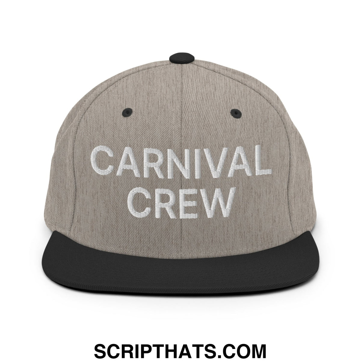 Gray and black snapback cap with carnival crew embroidered in white thread featuring a flat bill brim design