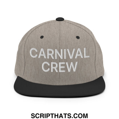 Gray and black snapback cap with carnival crew embroidered in white thread featuring a flat bill brim design