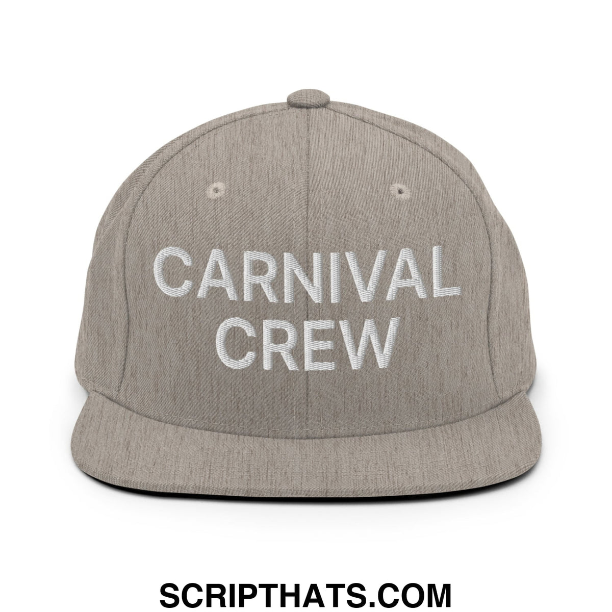 Gray snapback hat with white embroidered carnival crew text and flat bill brim for casual workwear use