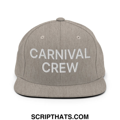 Gray snapback hat with white embroidered carnival crew text and flat bill brim for casual workwear use