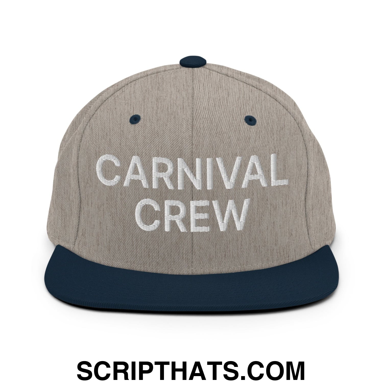 Carnival Crew Carny Work Embroidered Flat Bill Brim Snapback Hat Heather Grey Navy