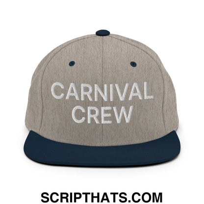 Carnival Crew Carny Work Embroidered Flat Bill Brim Snapback Hat Heather Grey Navy