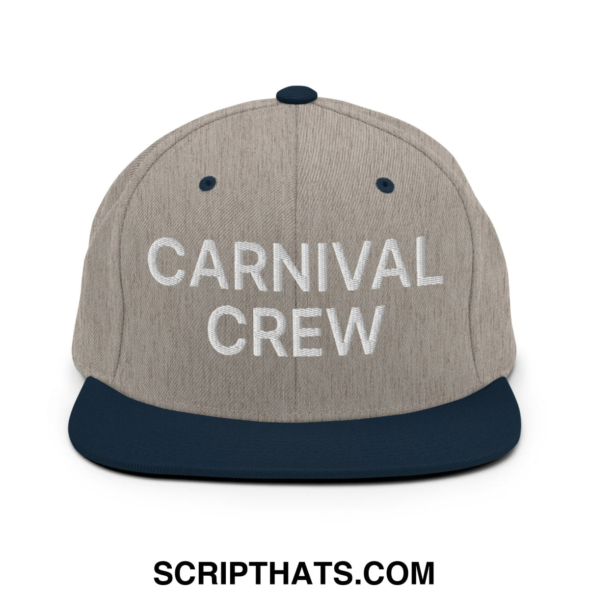 Gray and navy blue snapback hat with white carnival crew embroidery and flat bill brim for casual wear