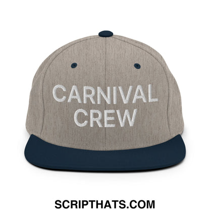 Gray and navy blue snapback hat with white carnival crew embroidery and flat bill brim for casual wear