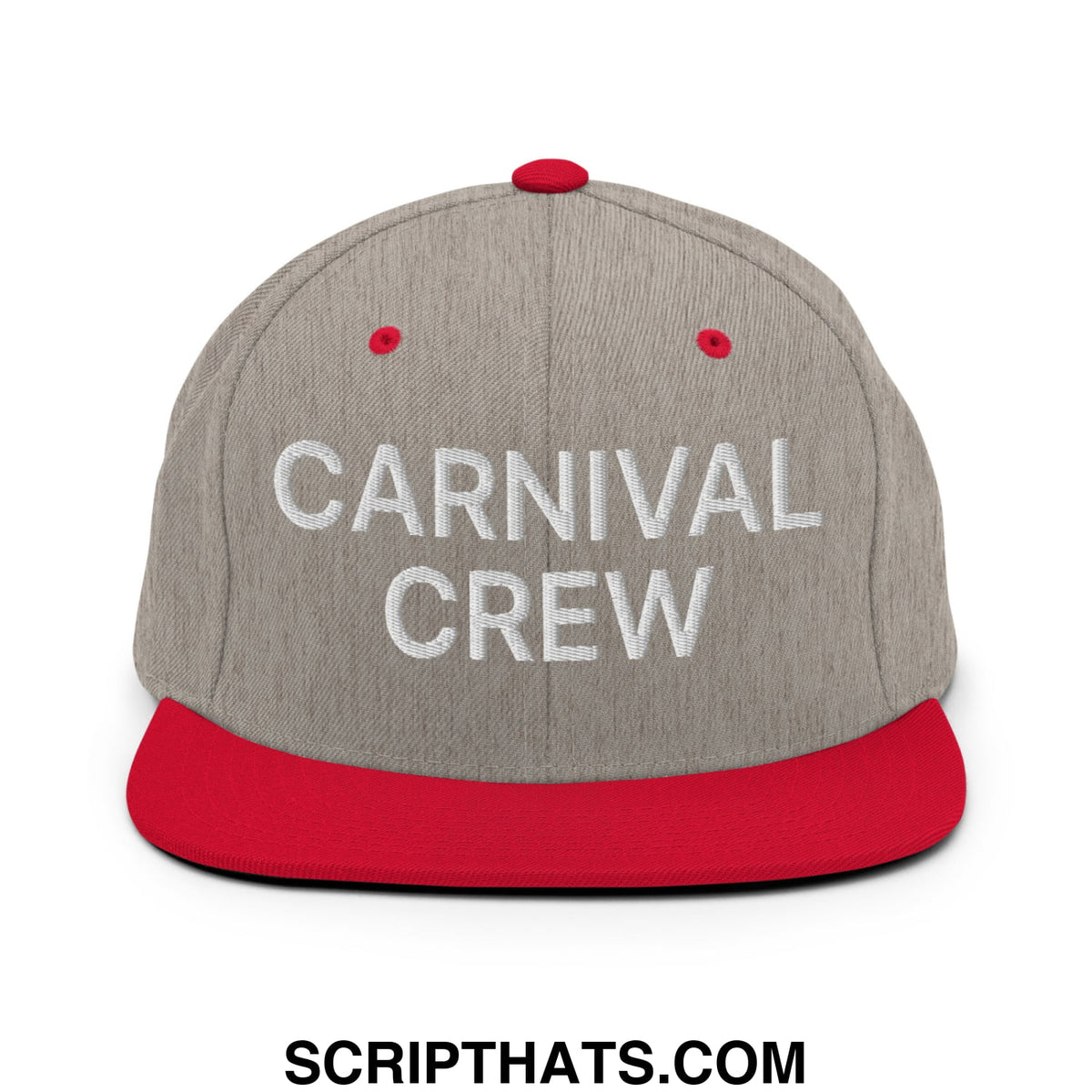 Gray and red snapback cap with carnival crew embroidered in white featuring a flat bill brim design