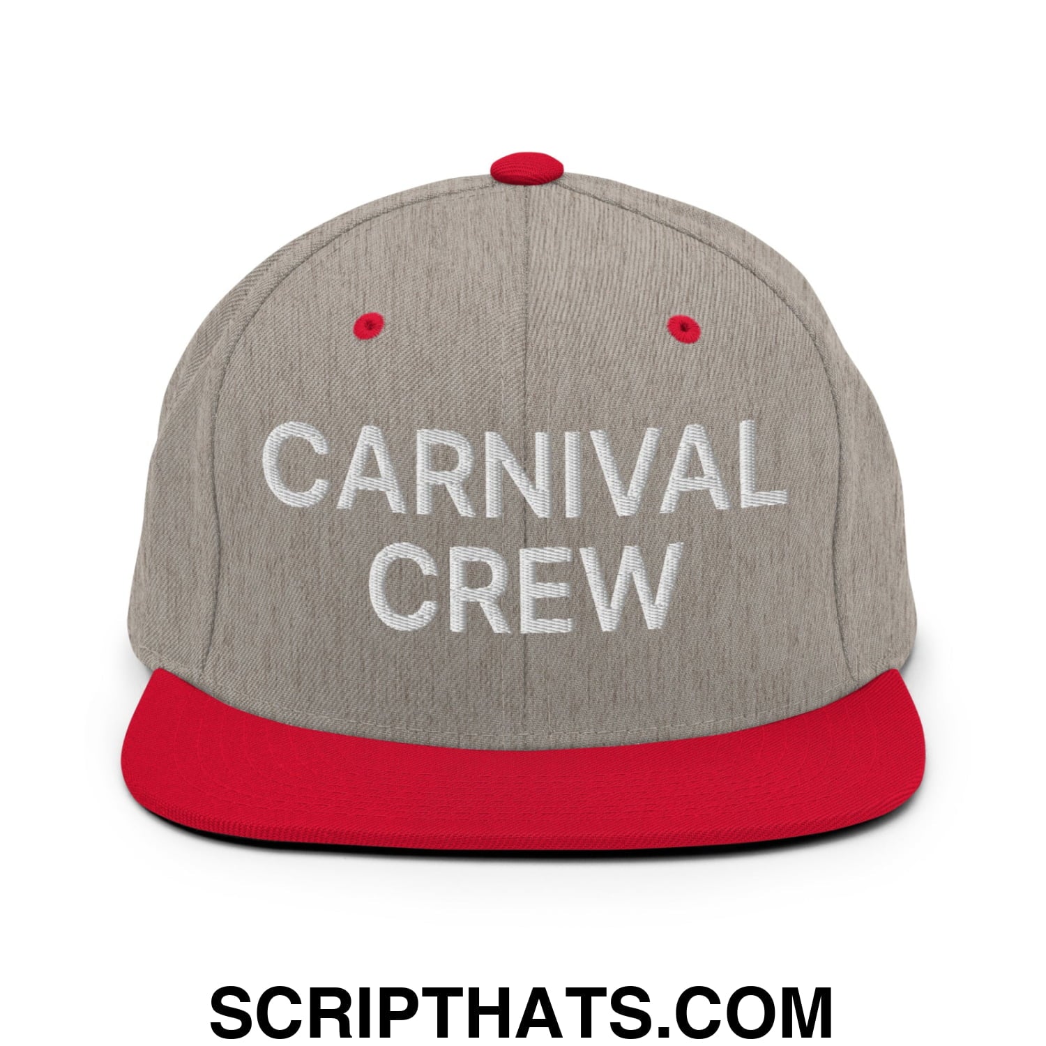 Carnival Crew Carny Work Embroidered Flat Bill Brim Snapback Hat Heather Grey Red
