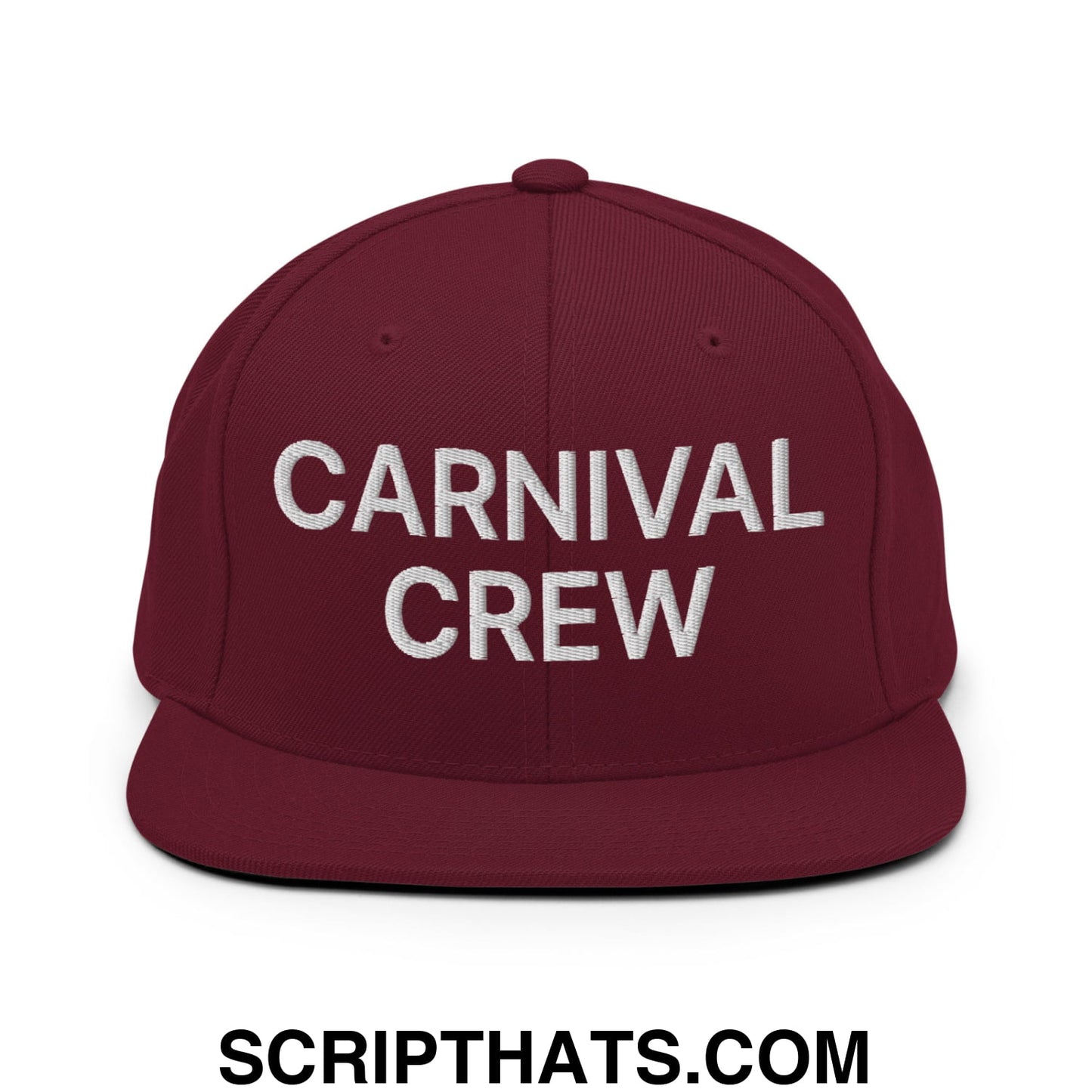 Carnival Crew Carny Work Embroidered Flat Bill Brim Snapback Hat Maroon