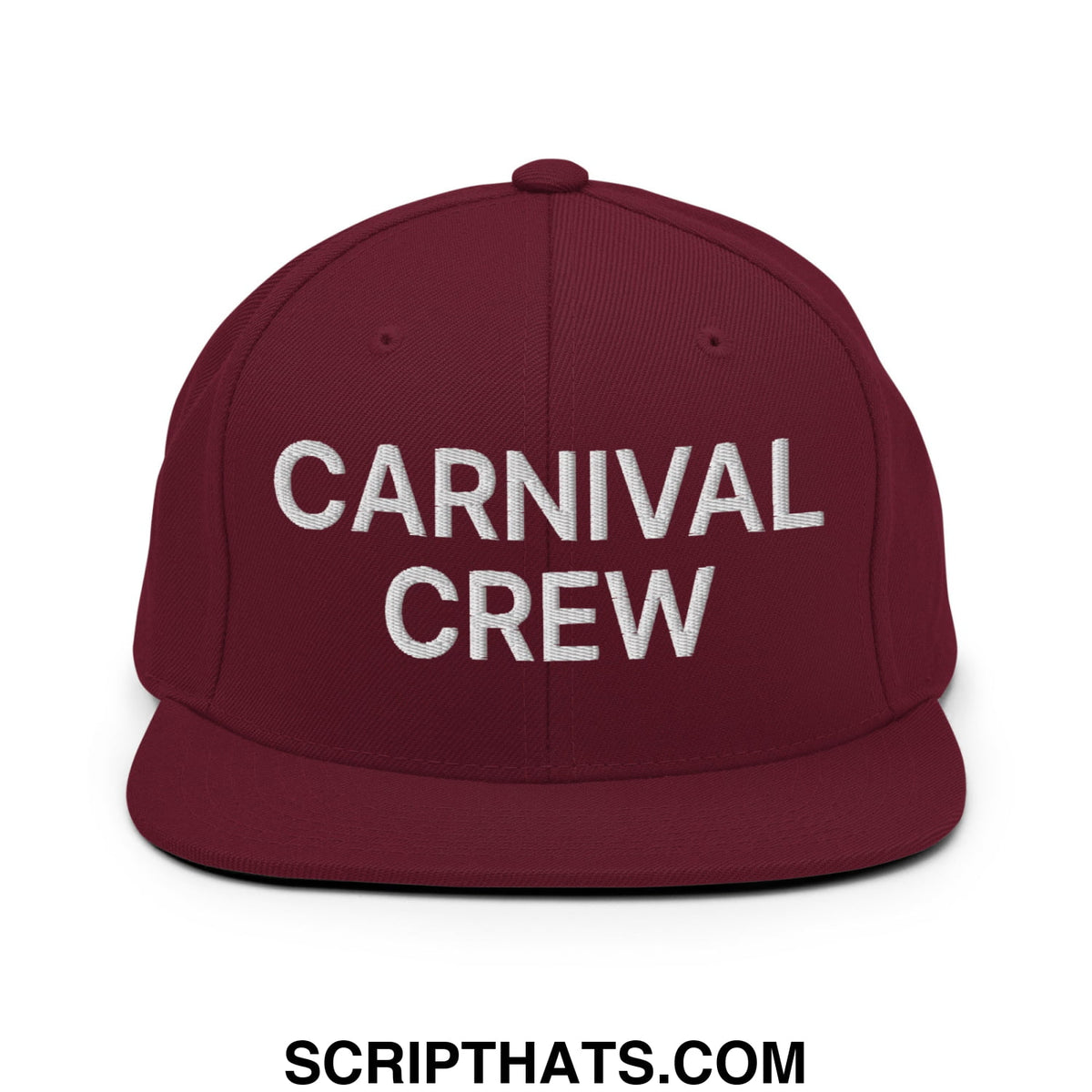Maroon snapback hat with white embroidered carnival crew text and flat bill brim for casual wear