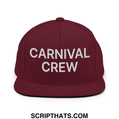 Maroon snapback hat with white embroidered carnival crew text and flat bill brim for casual wear