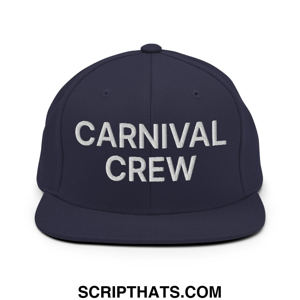 Navy blue snapback hat with white embroidered carnival crew text featuring a flat bill brim design