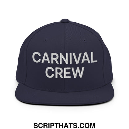Navy blue snapback hat with white embroidered carnival crew text featuring a flat bill brim design