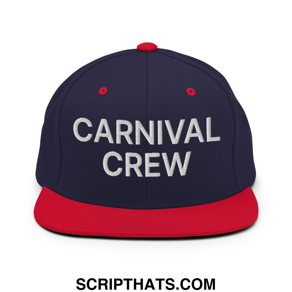 Navy blue and red snapback cap with carnival crew embroidered in white and flat bill brim for casual wear