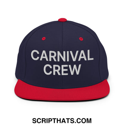 Navy blue and red snapback cap with carnival crew embroidered in white and flat bill brim for casual wear