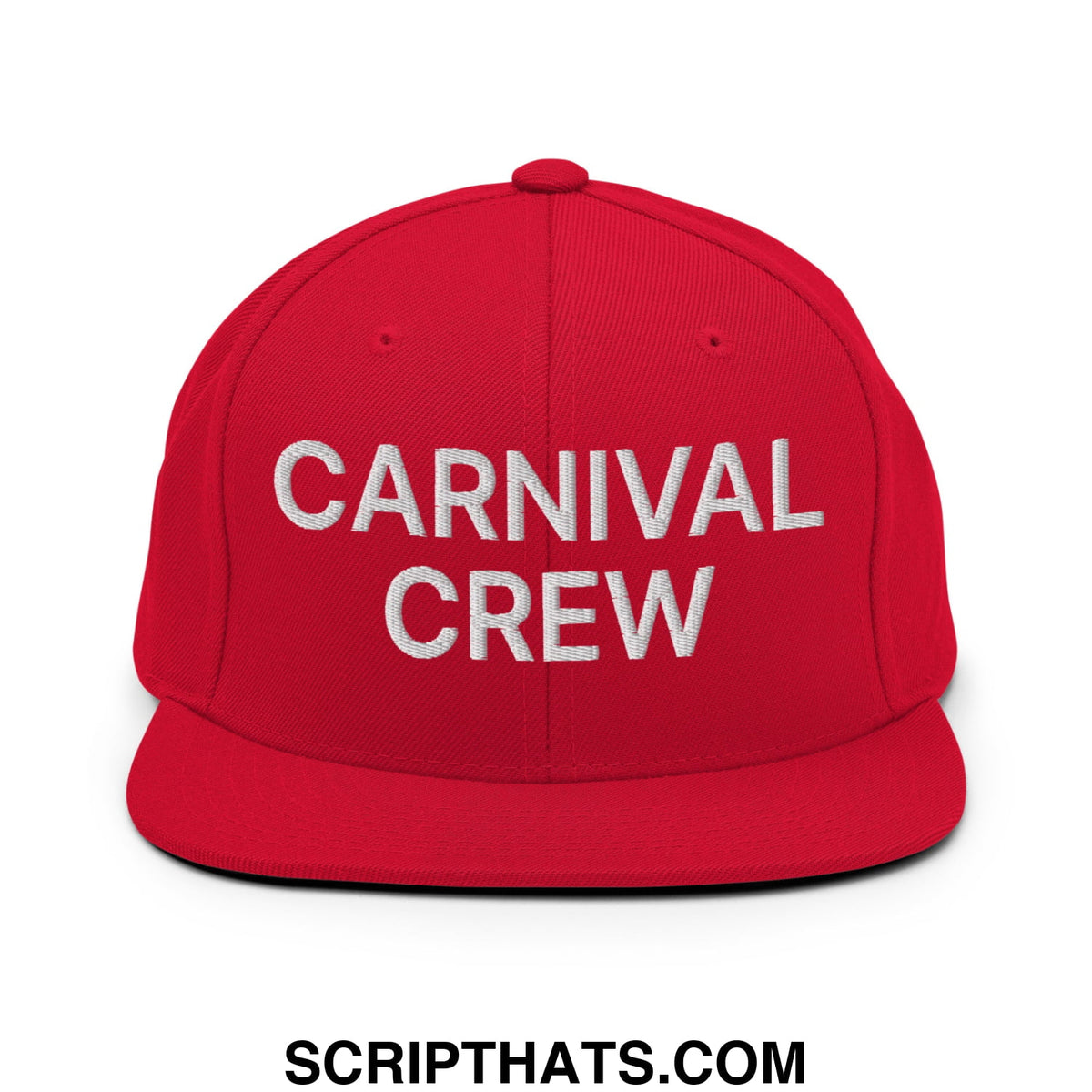 Red snapback cap with carnival crew embroidered in white thread featuring a flat bill brim for casual wear