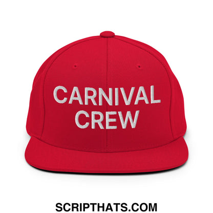 Red snapback cap with carnival crew embroidered in white thread featuring a flat bill brim for casual wear